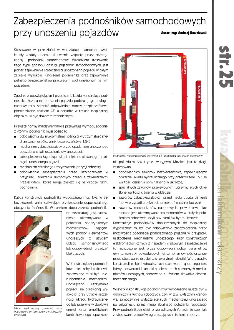 Zabezpieczenia podnośników samochodowych przy unoszeniu pojazdów Nr 6 2015